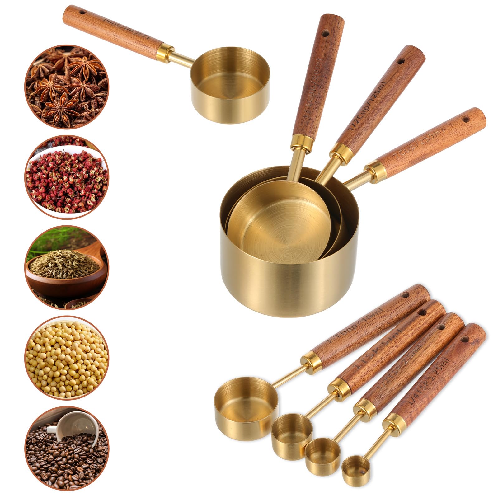 Elegant SynHHnergyx gold measuring cups and spoons arranged for stylish kitchen use.