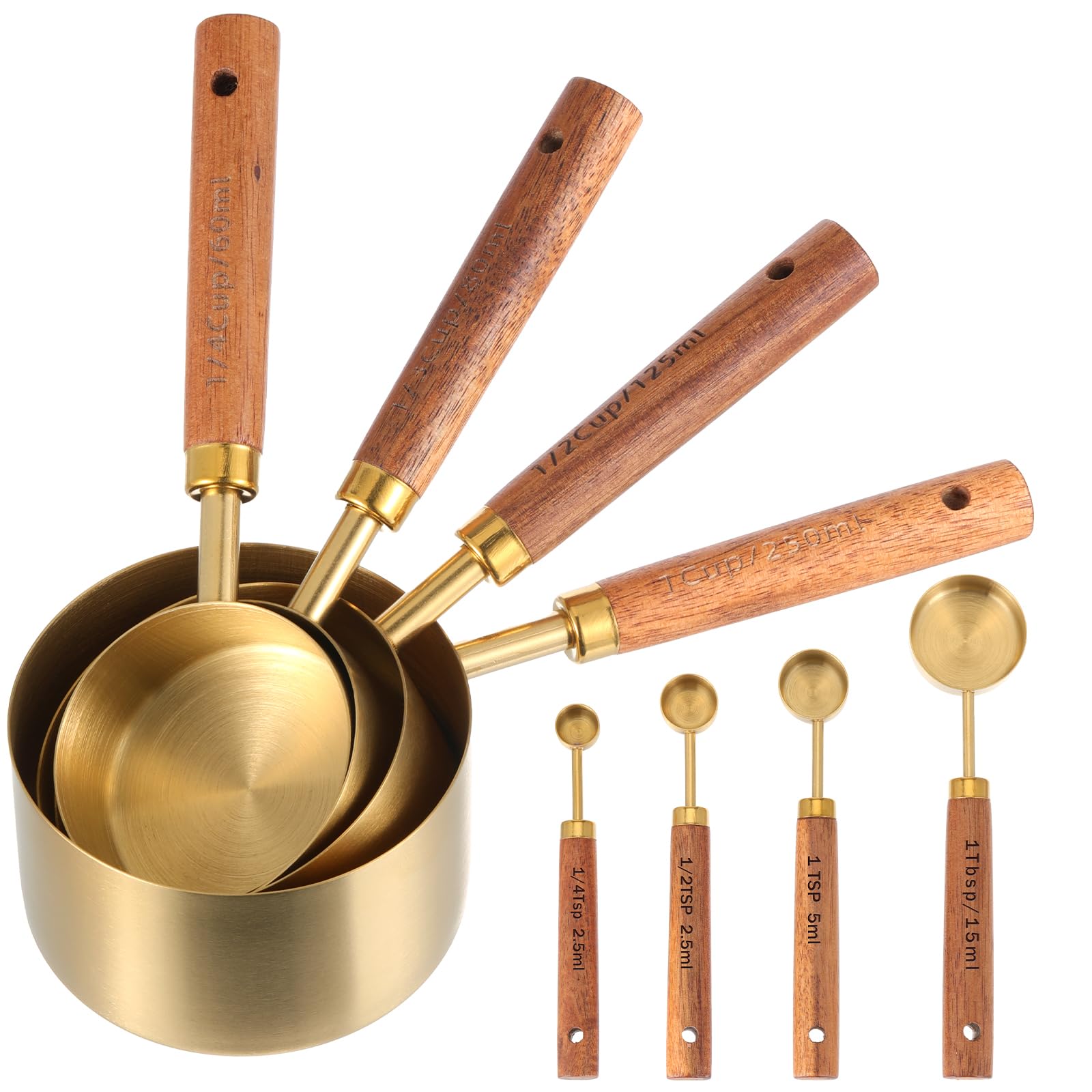 SynHHnergyx gold stainless steel measuring cups showing 1-cup size for precise portioning.