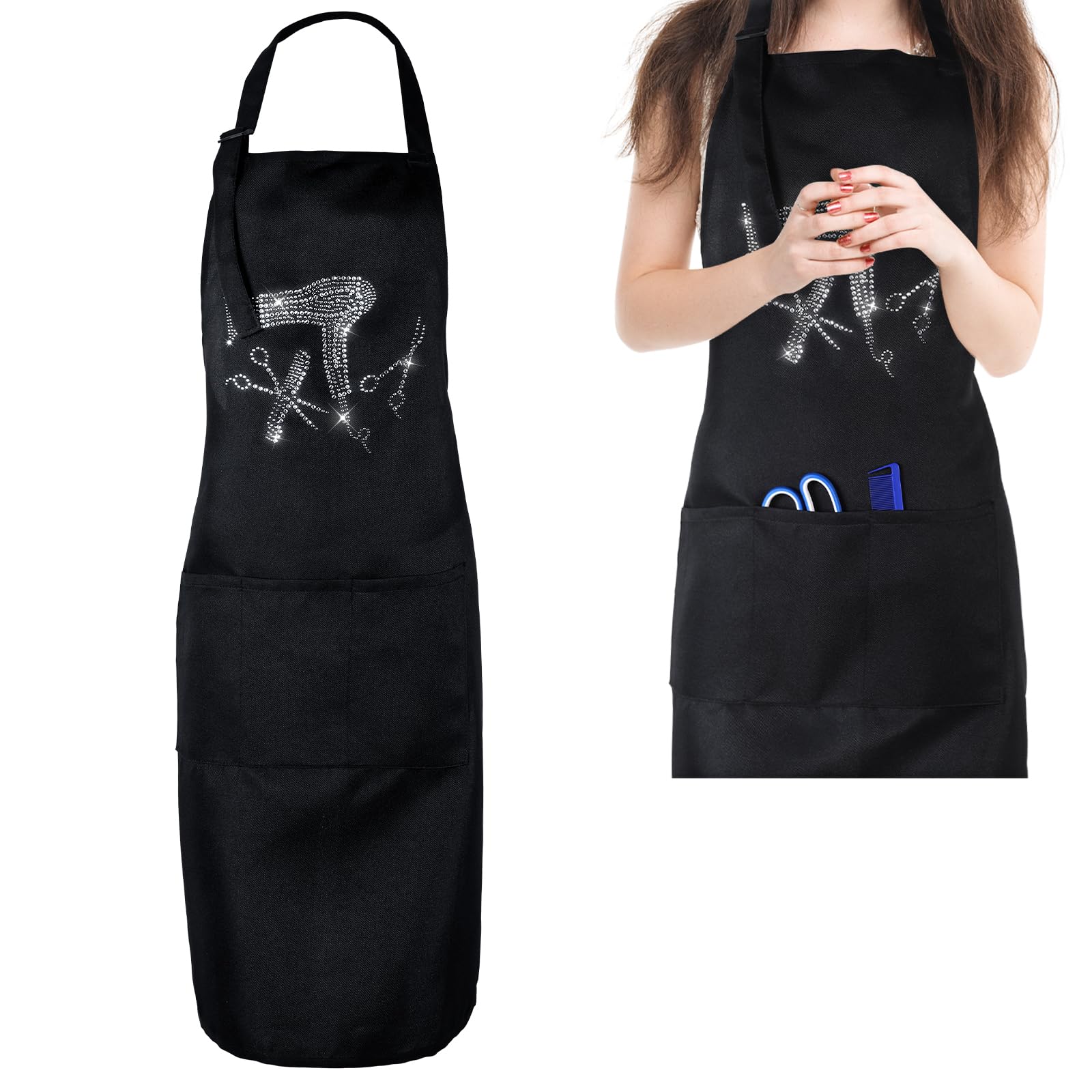 SynHHnergyx hair apron with rhinestone pockets keeps tools within reach during styling sessions.