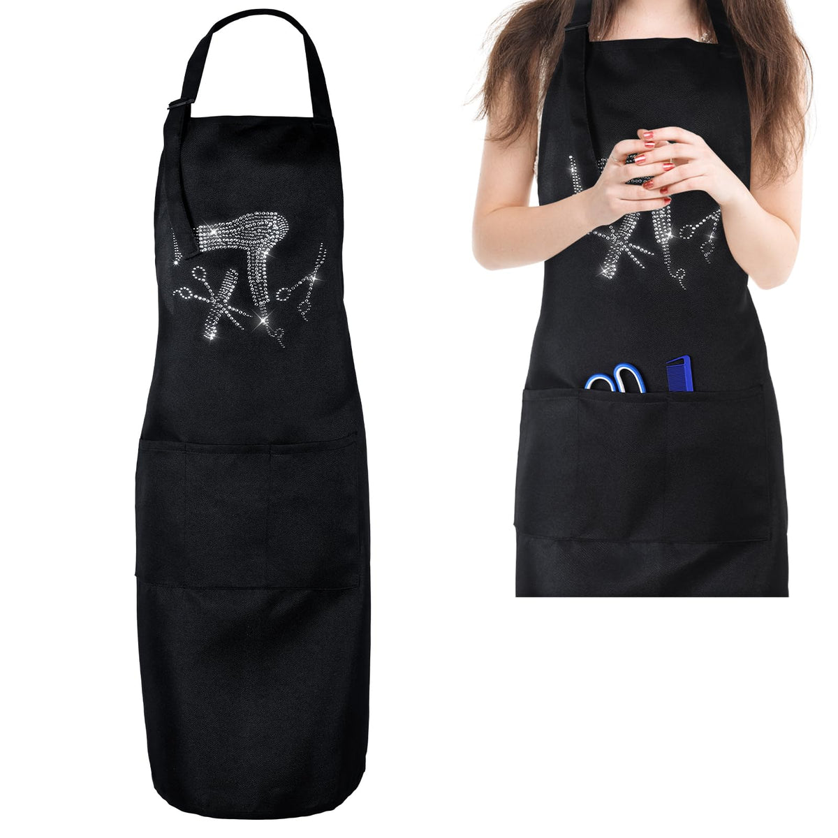 SynHHnergyx hair apron with rhinestone pockets keeps tools within reach during styling sessions.