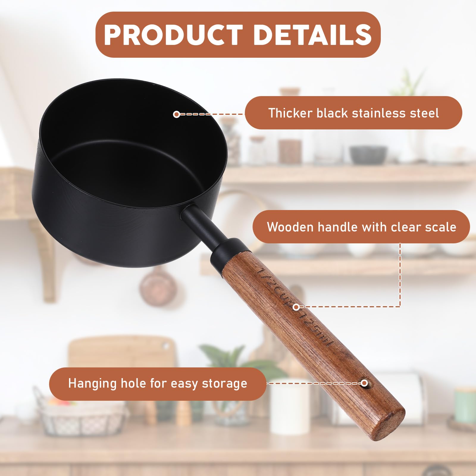 Wooden-handle measuring spoons for comfortable, non-slip grip.