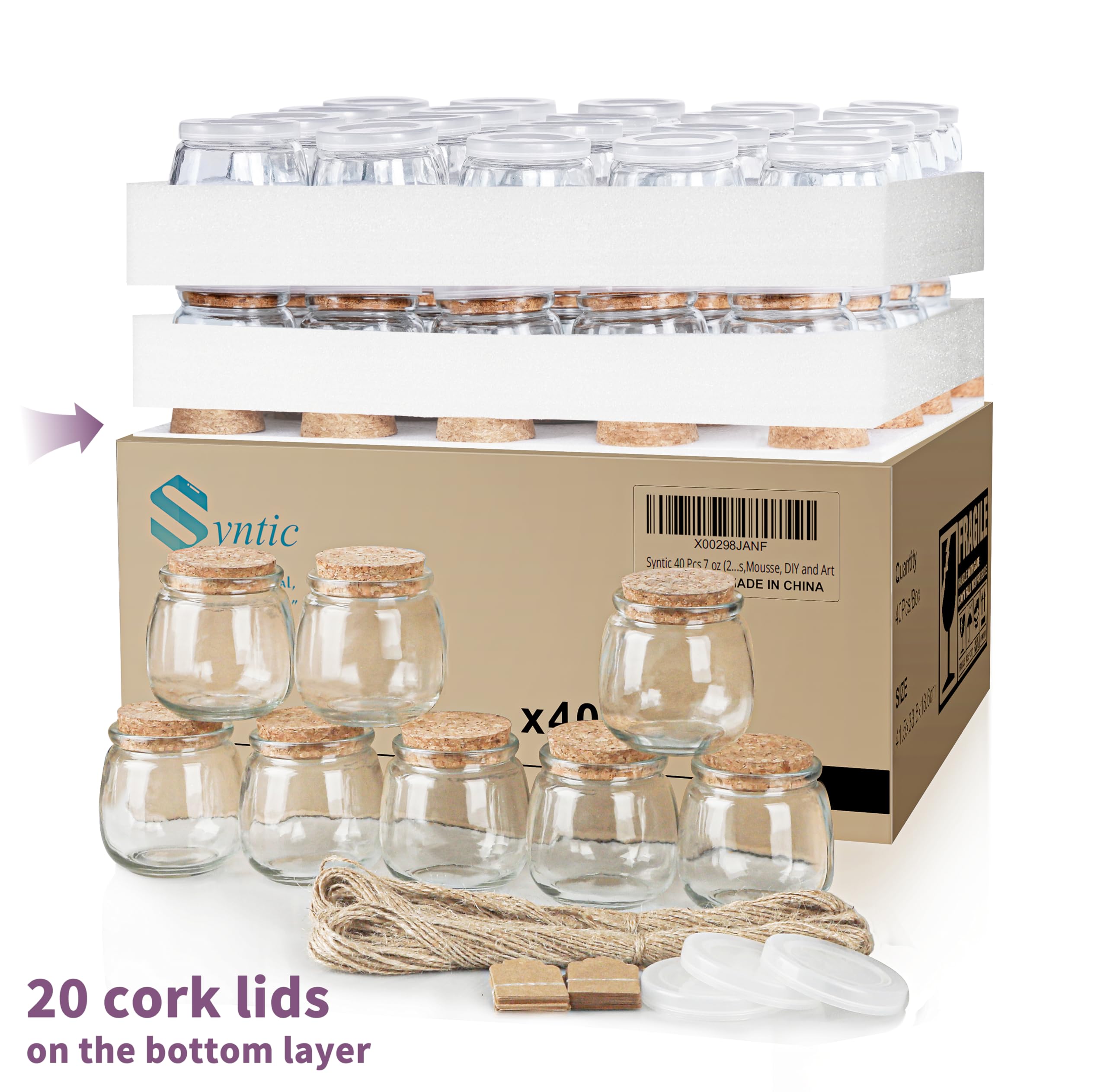 Syntic wedding favor setup, cork lids and labels ready