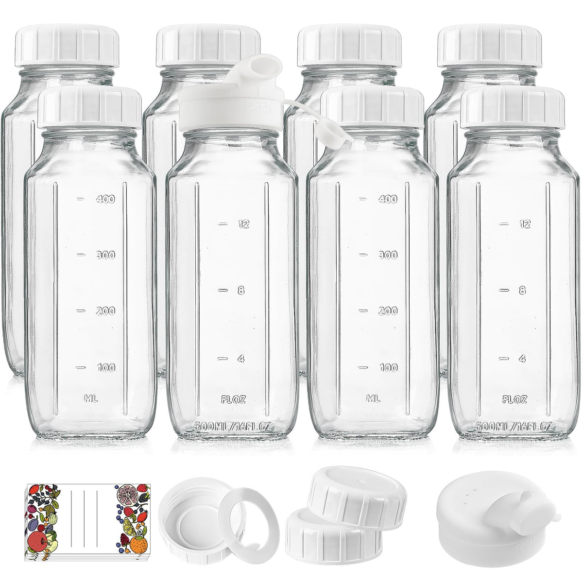 Syntic 8-pack 16 oz glass bottles with leak-proof lids for hydration