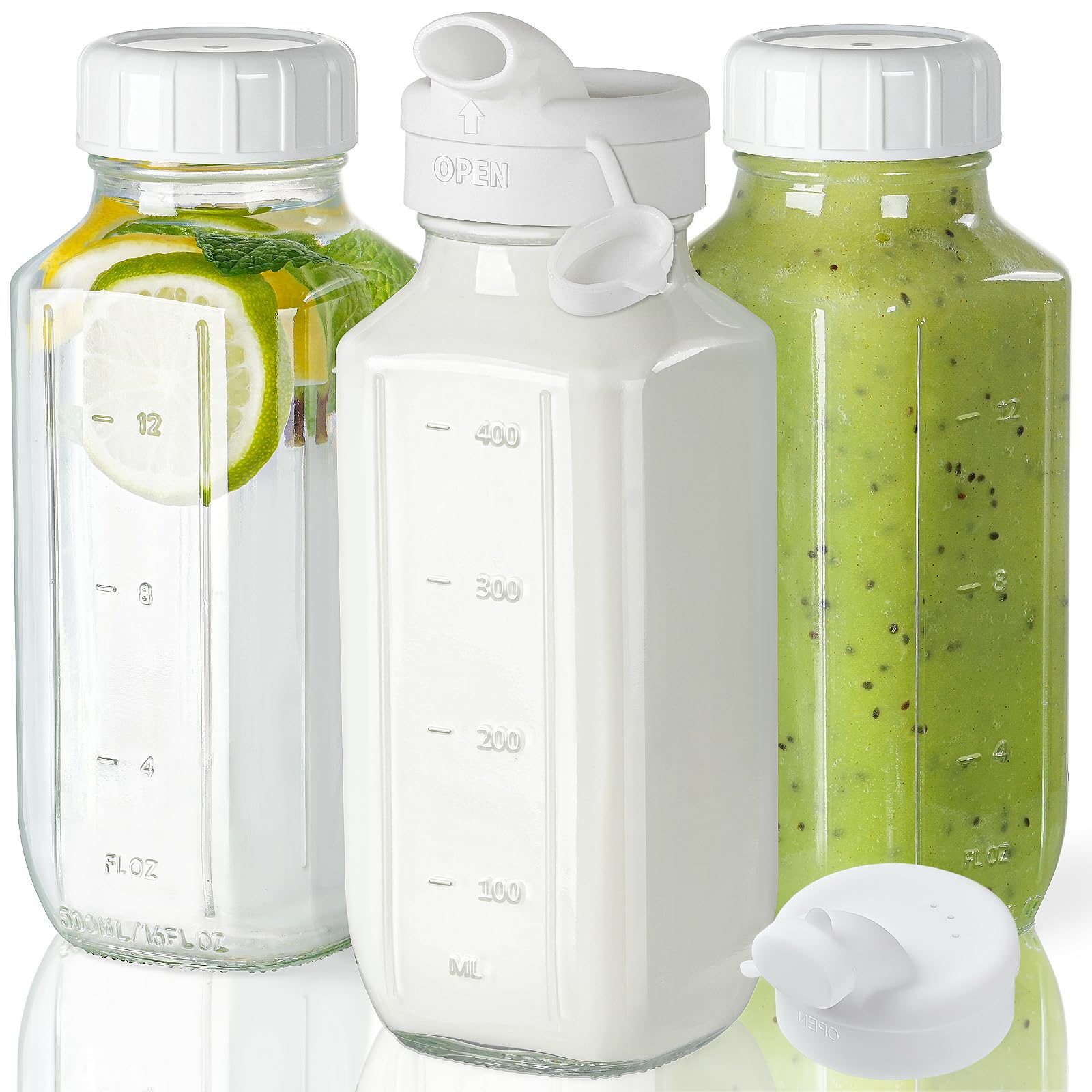 Syntic glass juice bottle with lids for leak-free transport.