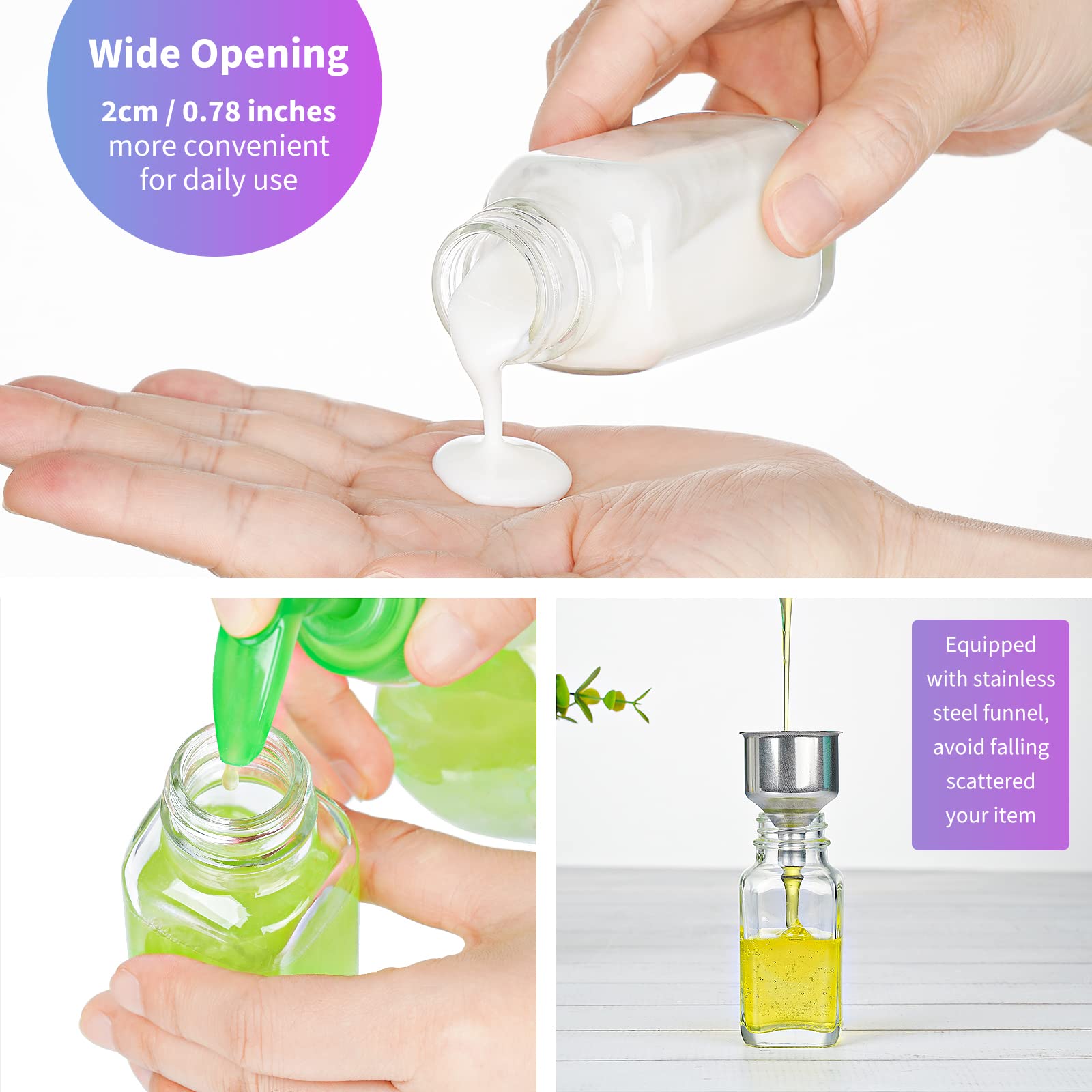 Includes stainless steel funnel, extra lids and waterproof stickers for convenience