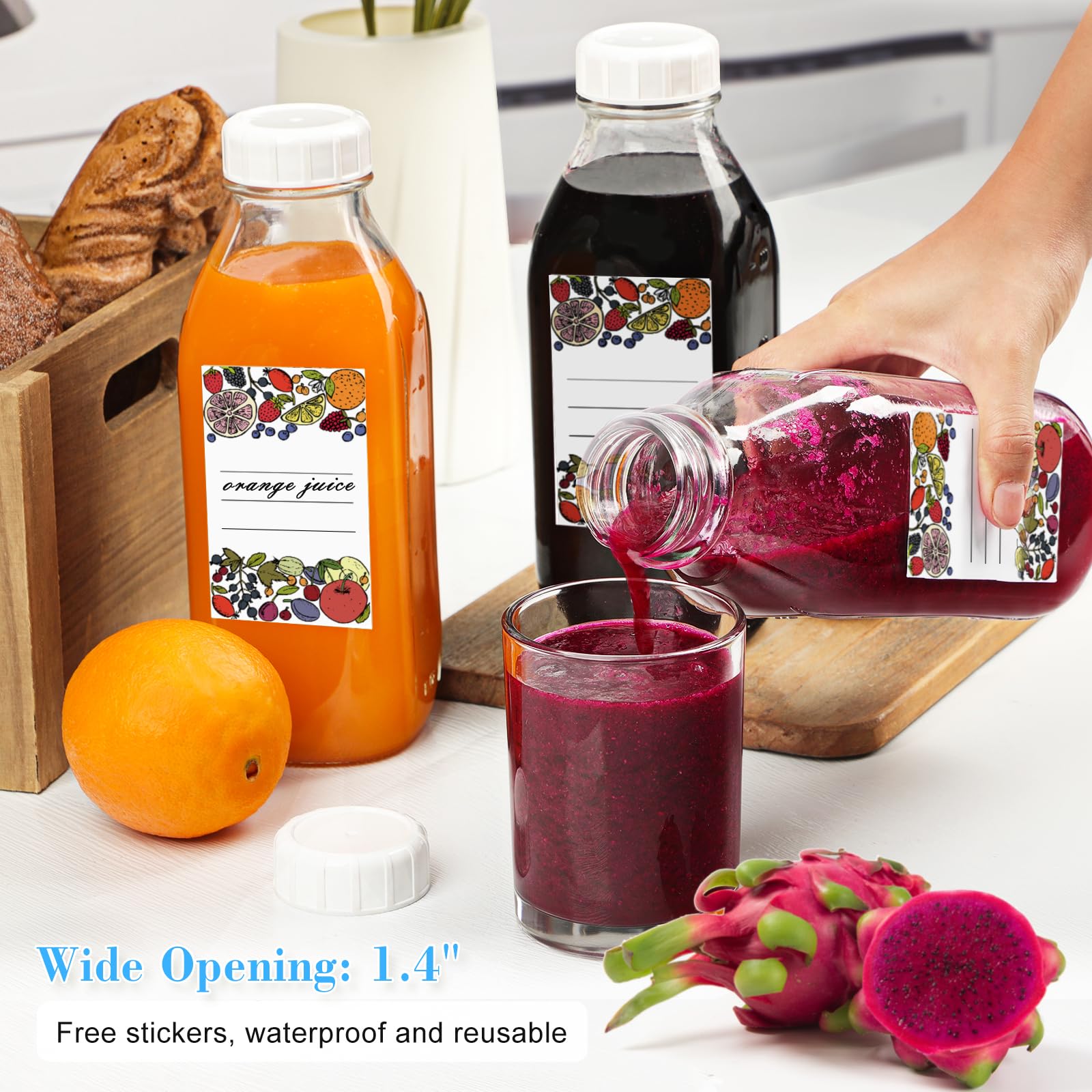 Syntic liter glass bottle with labeling stickers for organization.
