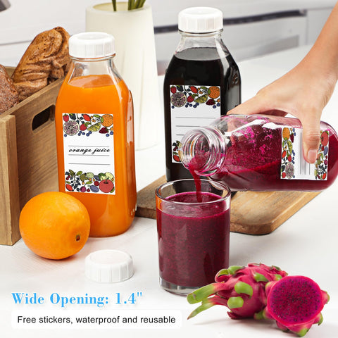Syntic liter glass bottle with labeling stickers for organization.