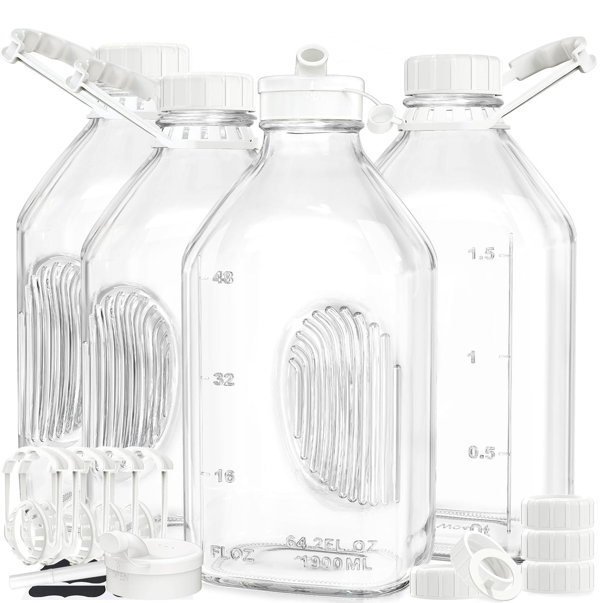 Syntic milk bottle with handle and secure seal for easy pouring.