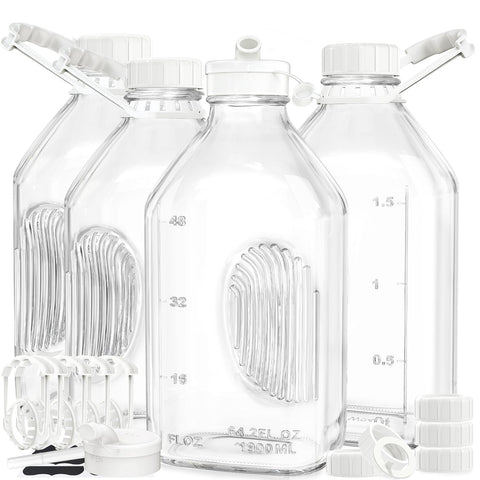 Syntic milk bottle with handle and secure seal for easy pouring.
