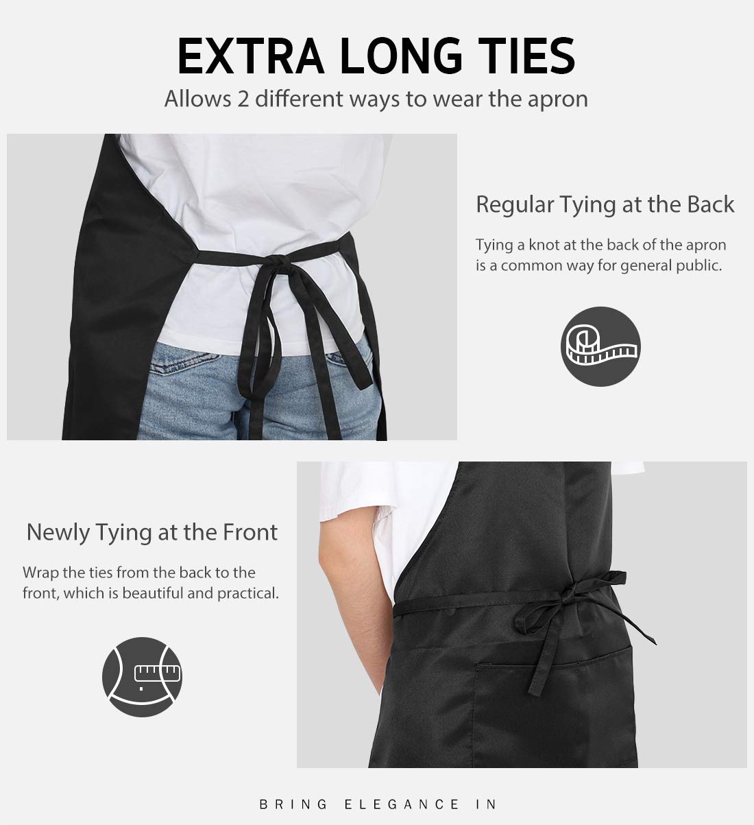 Syntus bib apron care instructions emphasize machine washable and wrinkle resistance.