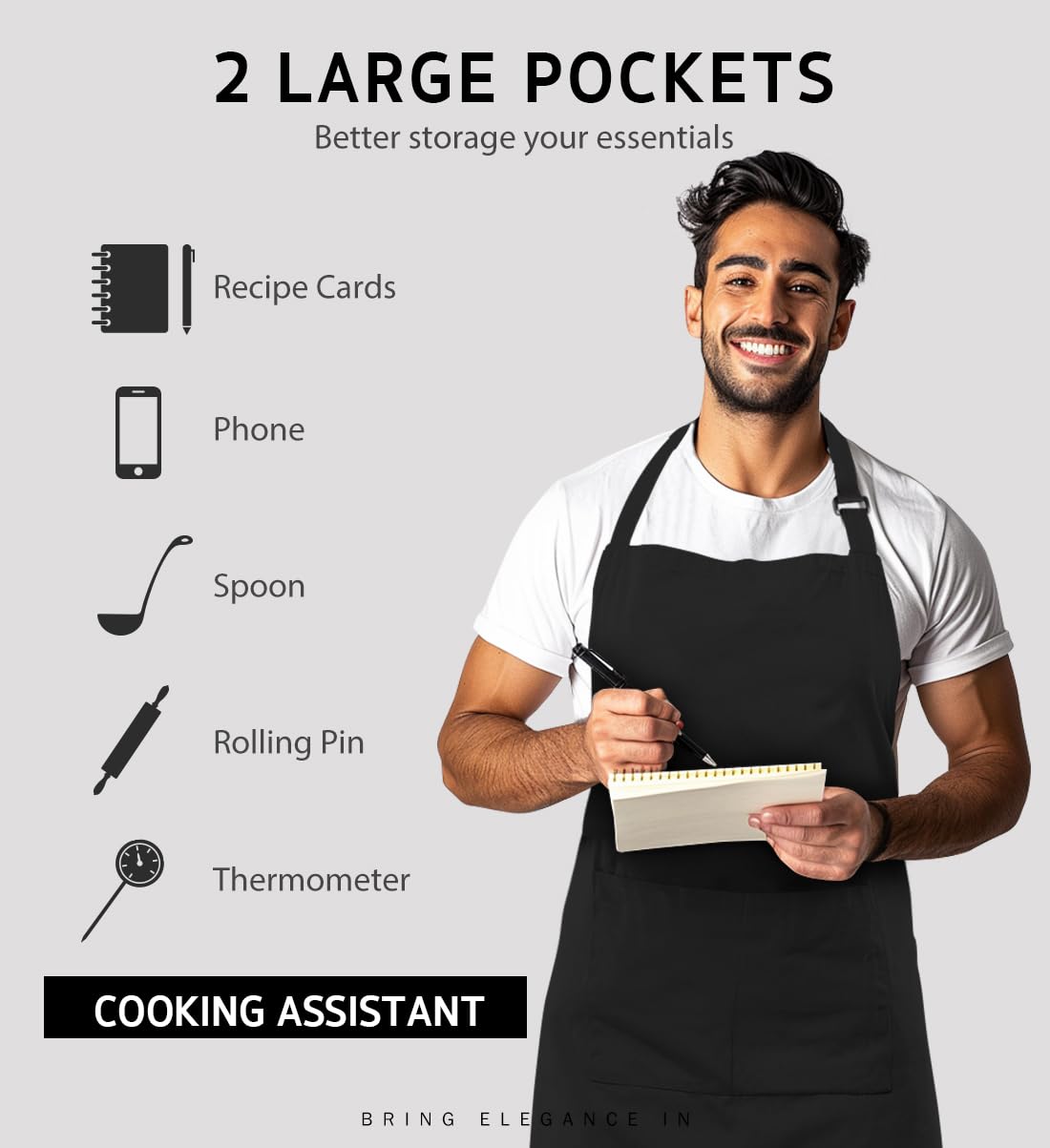 Syntus bib apron highlights generous 26.77 by 33.07 inch coverage.
