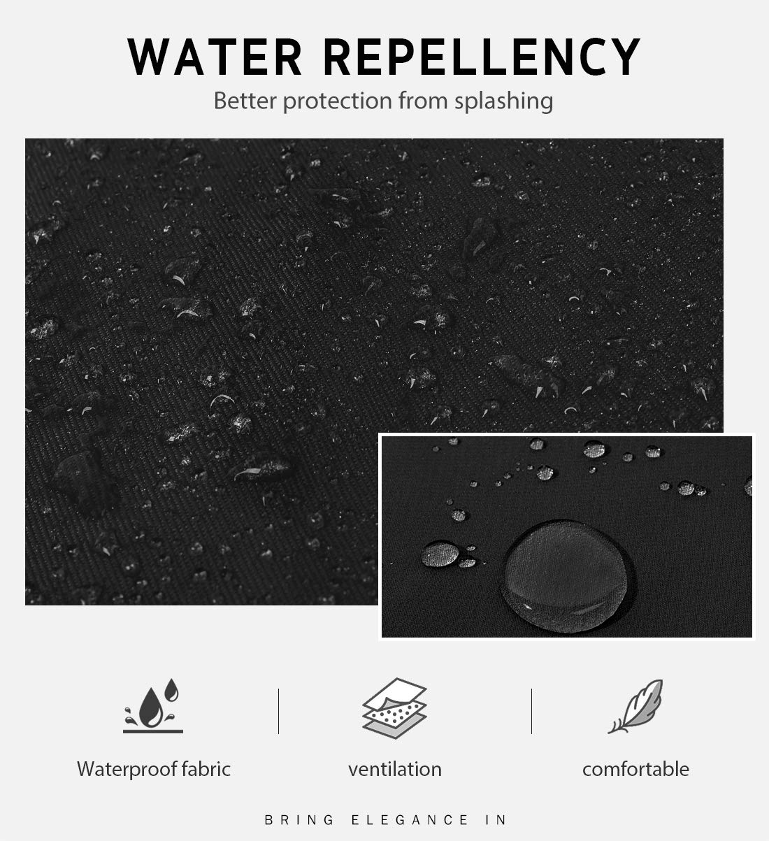 Syntus waterdrop-resistant fabric protects clothing during busy cooking sessions.