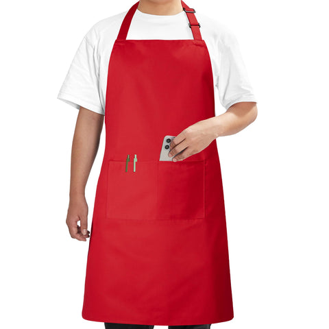 Syntus chef apron with full-coverage red design for home cooking.
