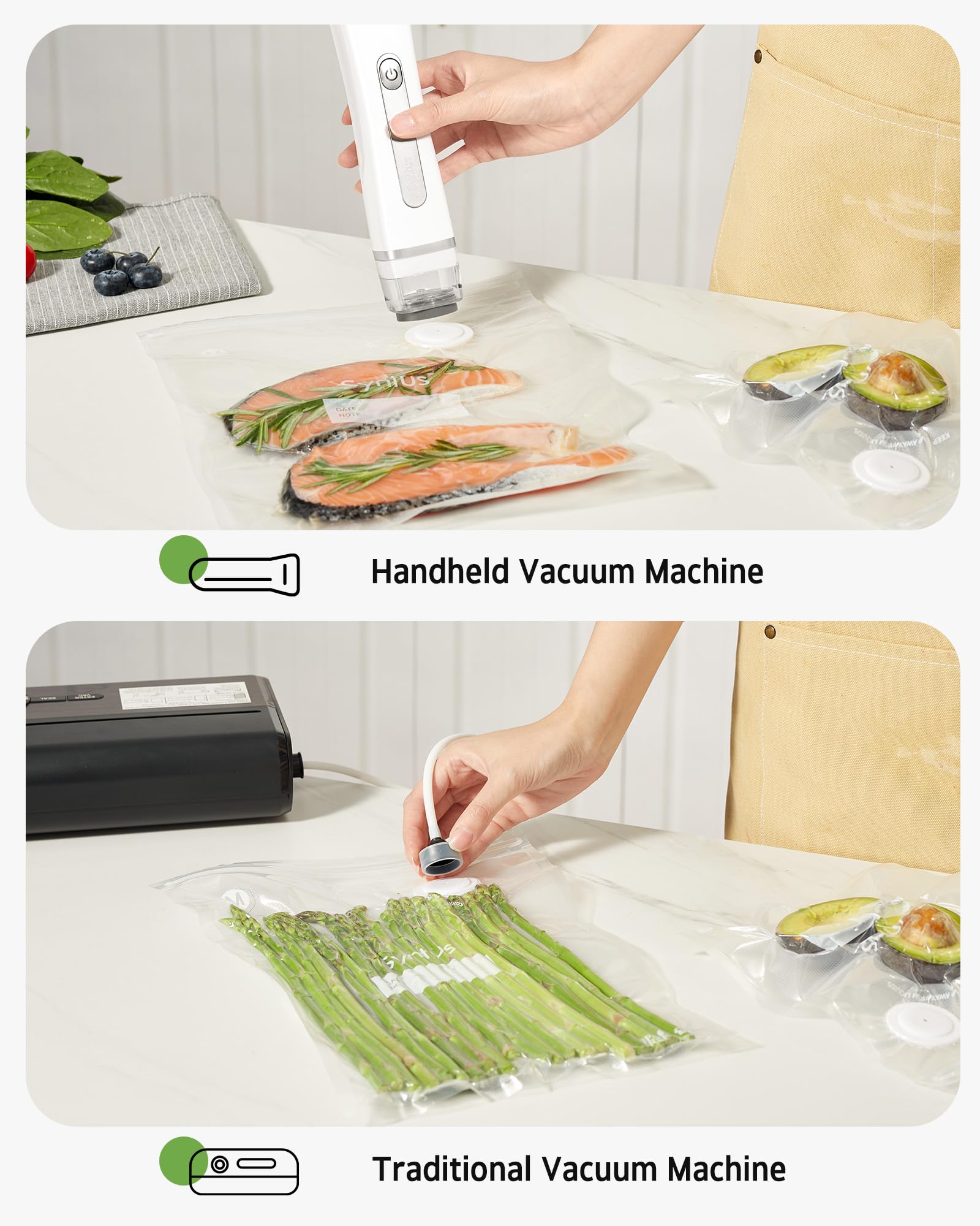 Syntus freezer-ready bags preserving vegetables, meats, and seafood