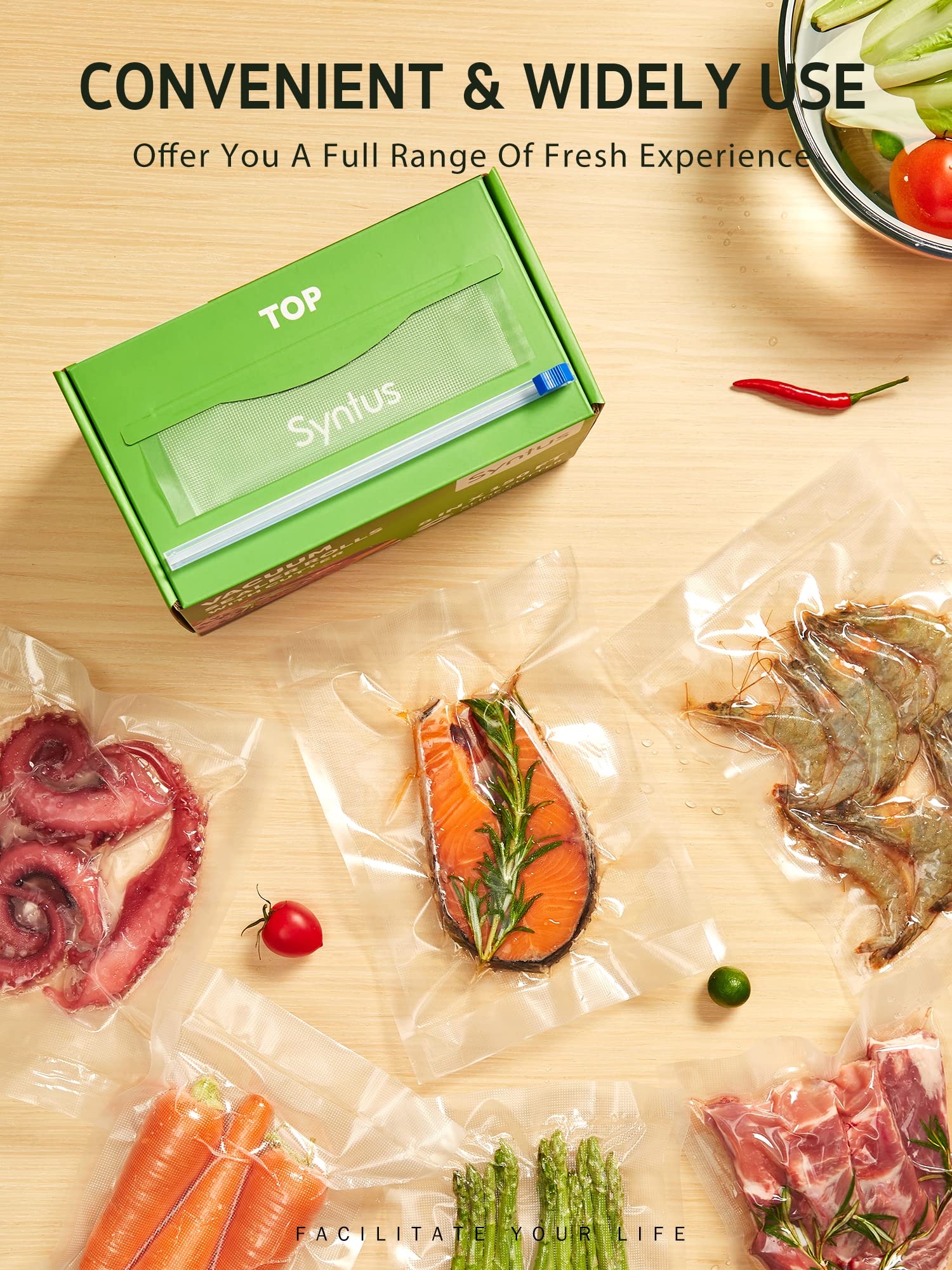 Syntus kitchen scene illustrating organized meal prep with vacuum bags.