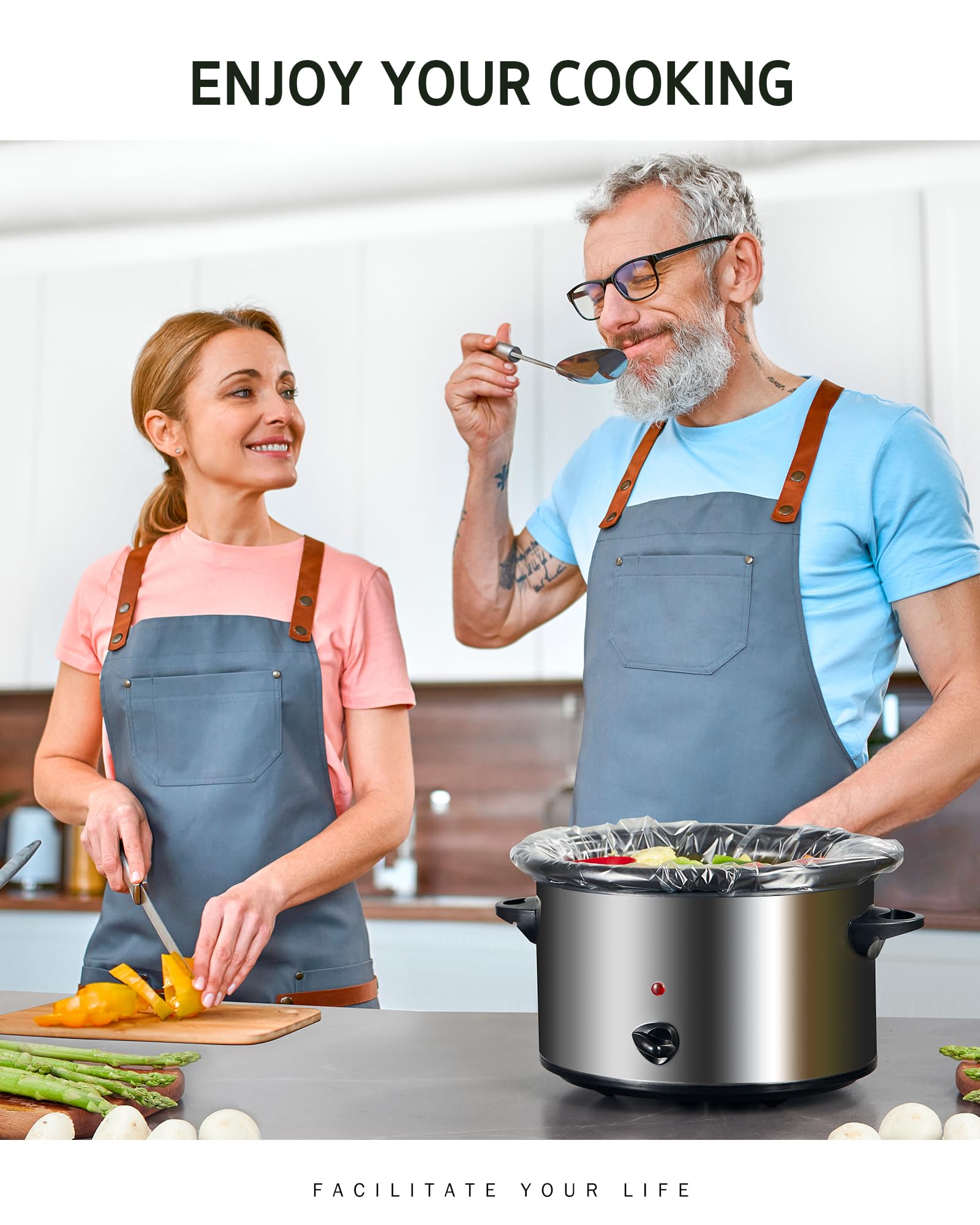 Liner lifted from cooker after cooking for easy cleanup