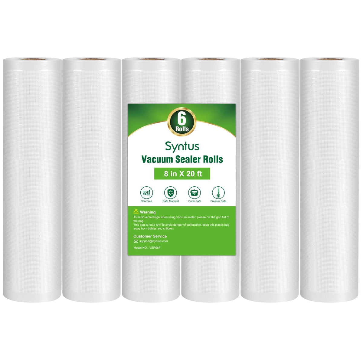 Syntus vacuum bags for six 8x20 rolls, durable, ready for meal prep.
