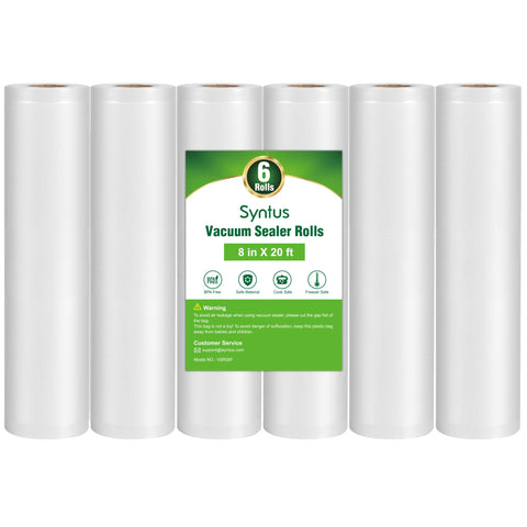 Syntus vacuum bags for six 8x20 rolls, durable, ready for meal prep.