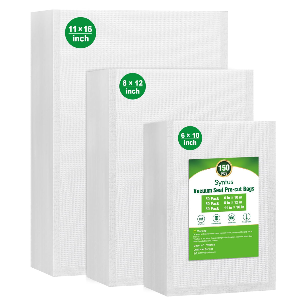 Syntus vacuum sealer bags packaging display showing ready-to-use bags for storage.