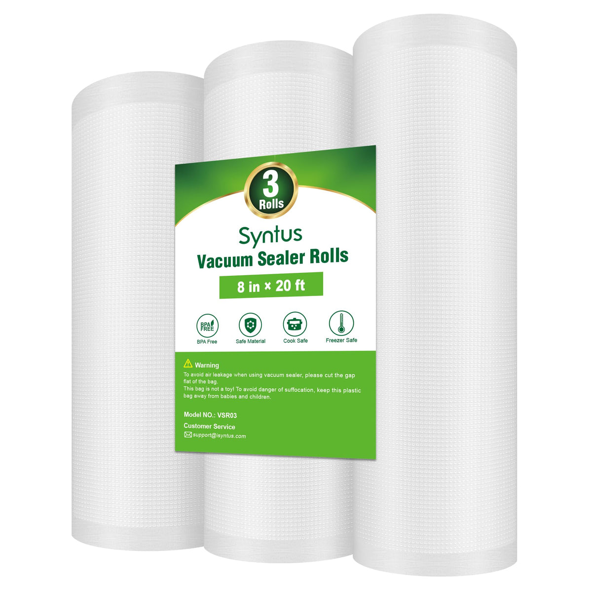 Syntus vacuum sealer bags 8x20 rolls for long-lasting freshness and easy portioning.