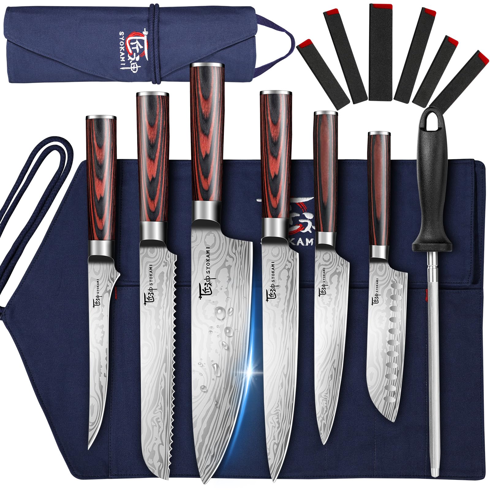 SYOKAMI 14-piece knife set with roll bag, protective slots for safe transport.