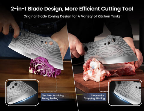 SYOKAMI 2-in-1 knife design enables efficient vegetable and meat cutting in one tool