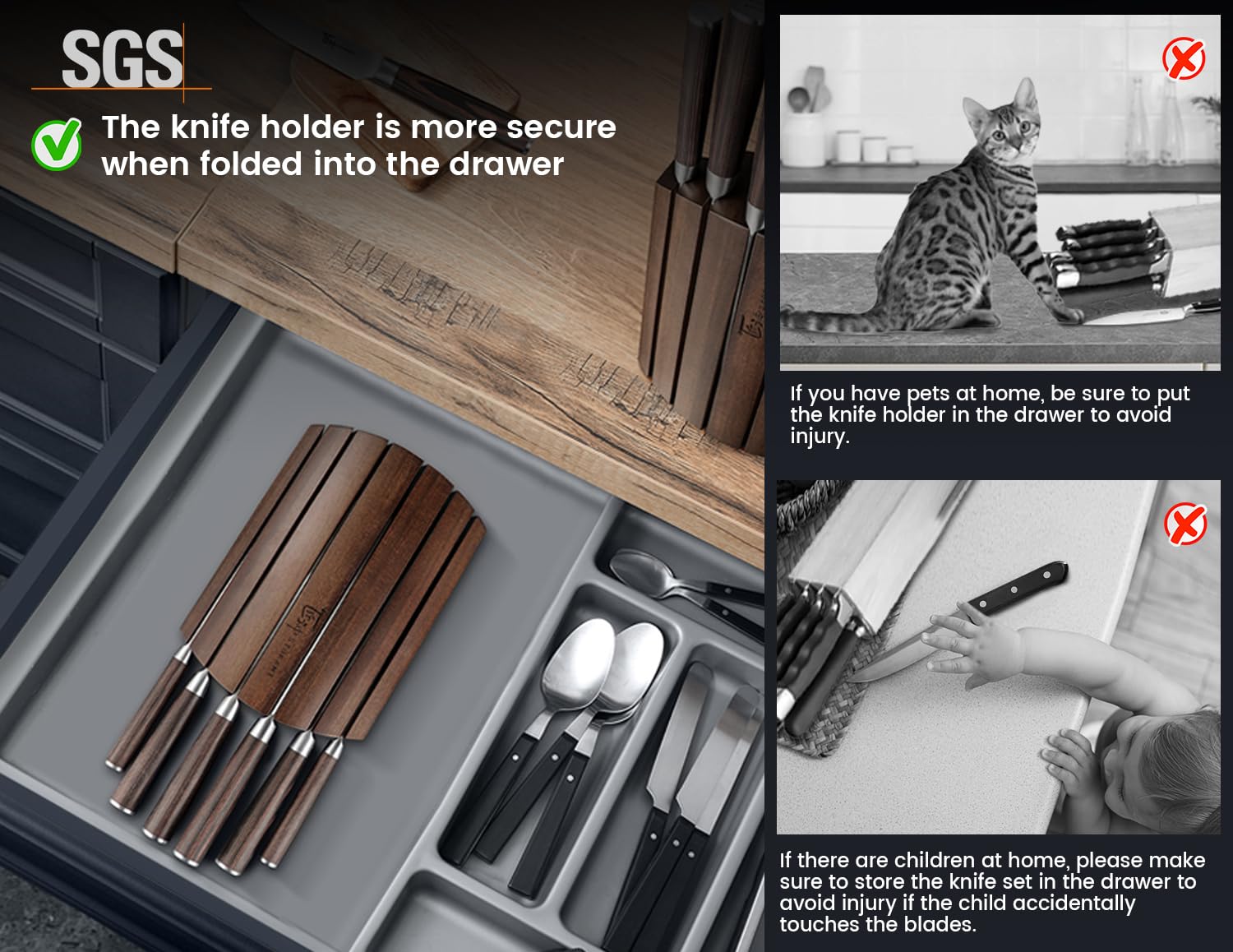 SYOKAMI Acacia wood magnetic block holds knives securely for quick, safe use.