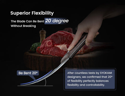 SYOKAMI full-tang Damascus blade for durable, balanced slicing.