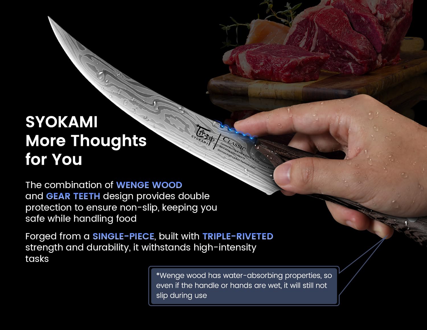 SYOKAMI boning knife high-carbon blade promises razor-sharp edge maintenance.