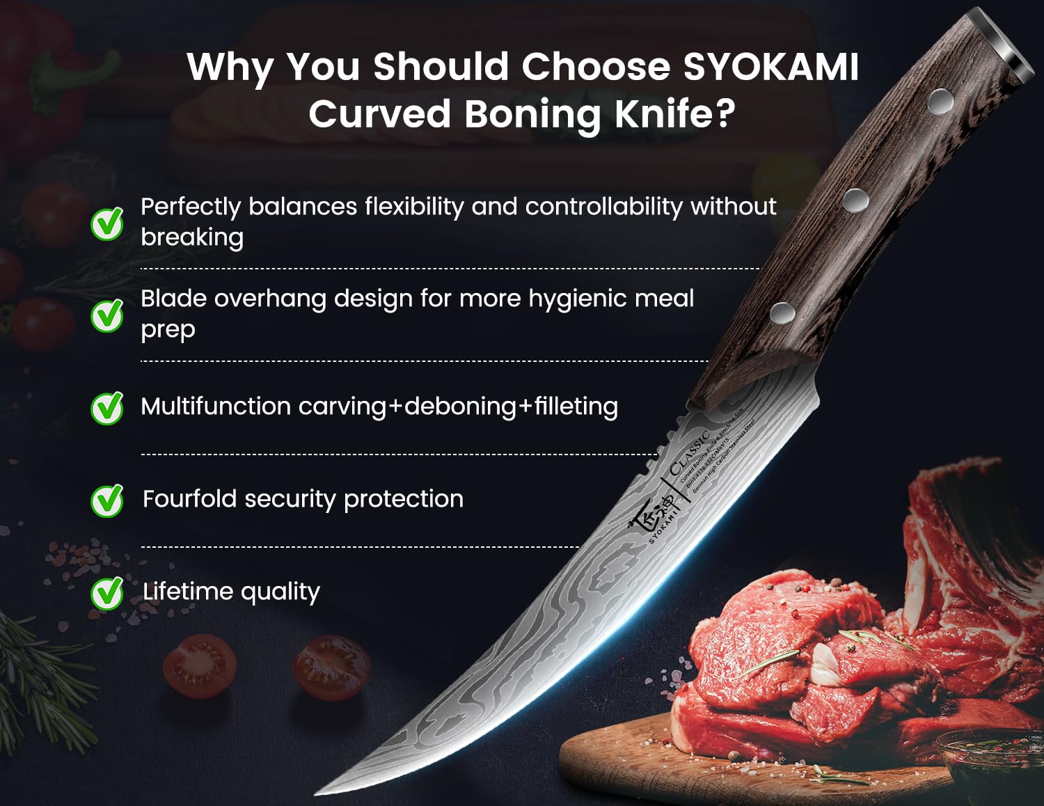 SYOKAMI boning knife single-piece forged construction for durability and safety.