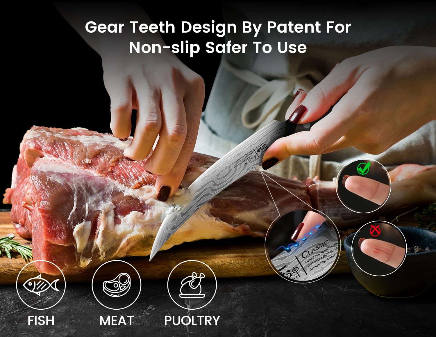 SYOKAMI boning knife wooden handle provides a secure grip when handling wet surfaces.