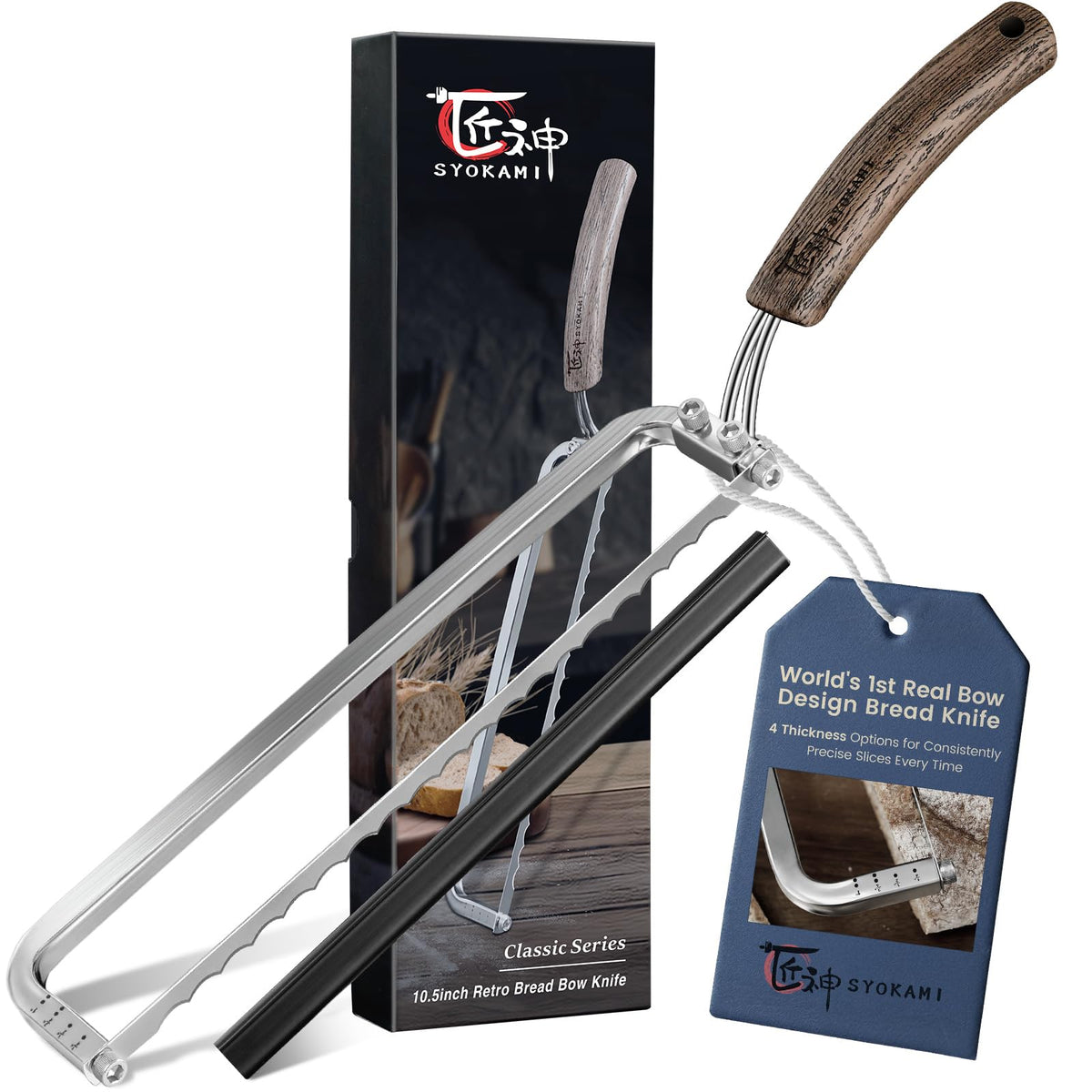 SYOKAMI bread knife close-up showing a razor-sharp edge for clean crust cuts.