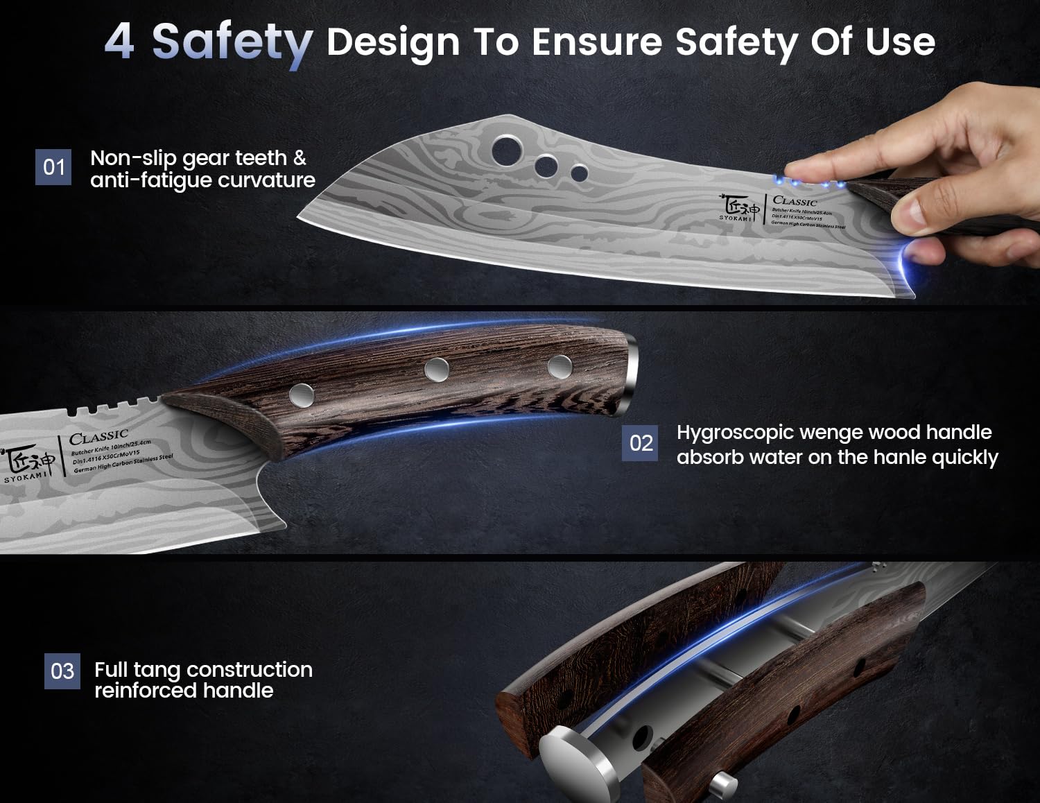 SYOKAMI Damascus-pattern blade adds style and strength.