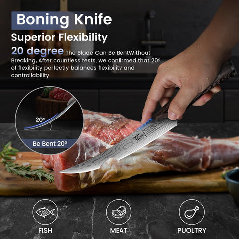 SYOKAMI curved boning knife closeup showing 20° flexibility for precise bone work