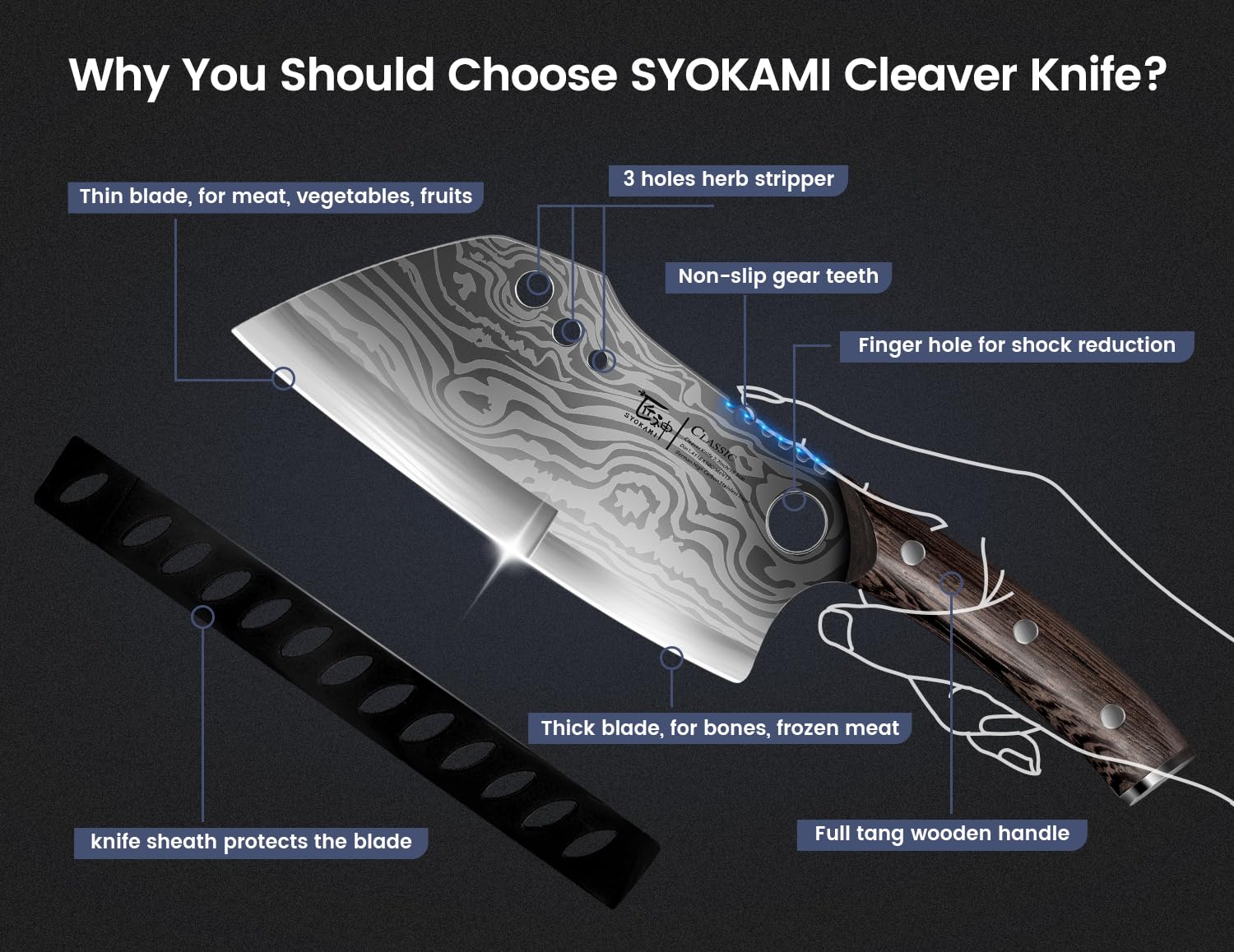 SYOKAMI cleaver with sheath highlights full-tang wood handle and secure storage