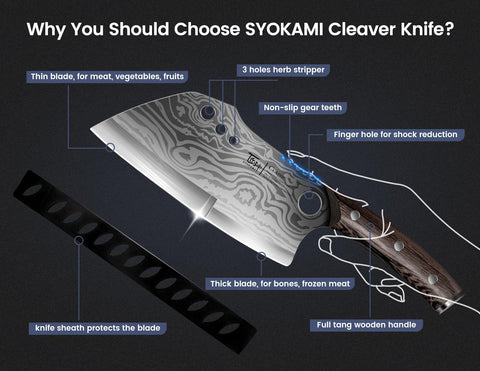 SYOKAMI cleaver with sheath highlights full-tang wood handle and secure storage