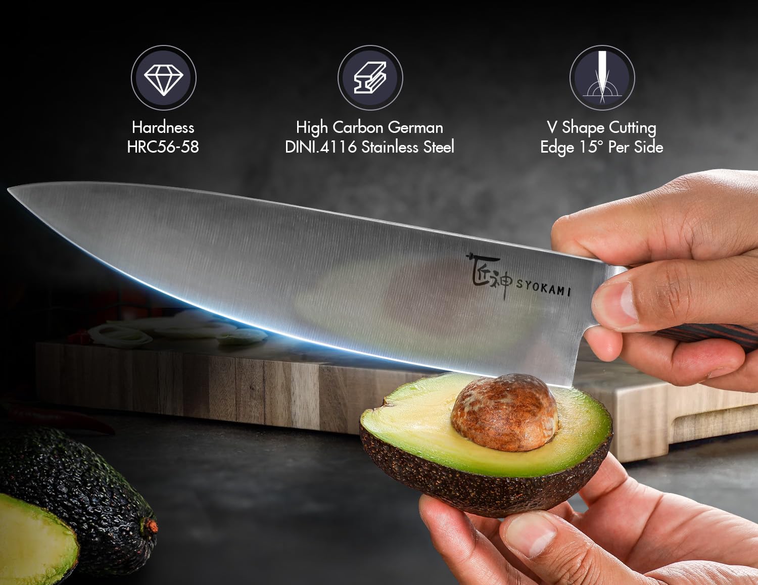 SYOKAMI ergonomic wood handle for comfortable grip during long prep sessions.