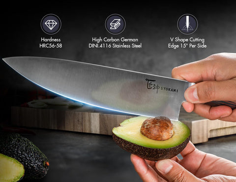 SYOKAMI ergonomic wood handle for comfortable grip during long prep sessions.