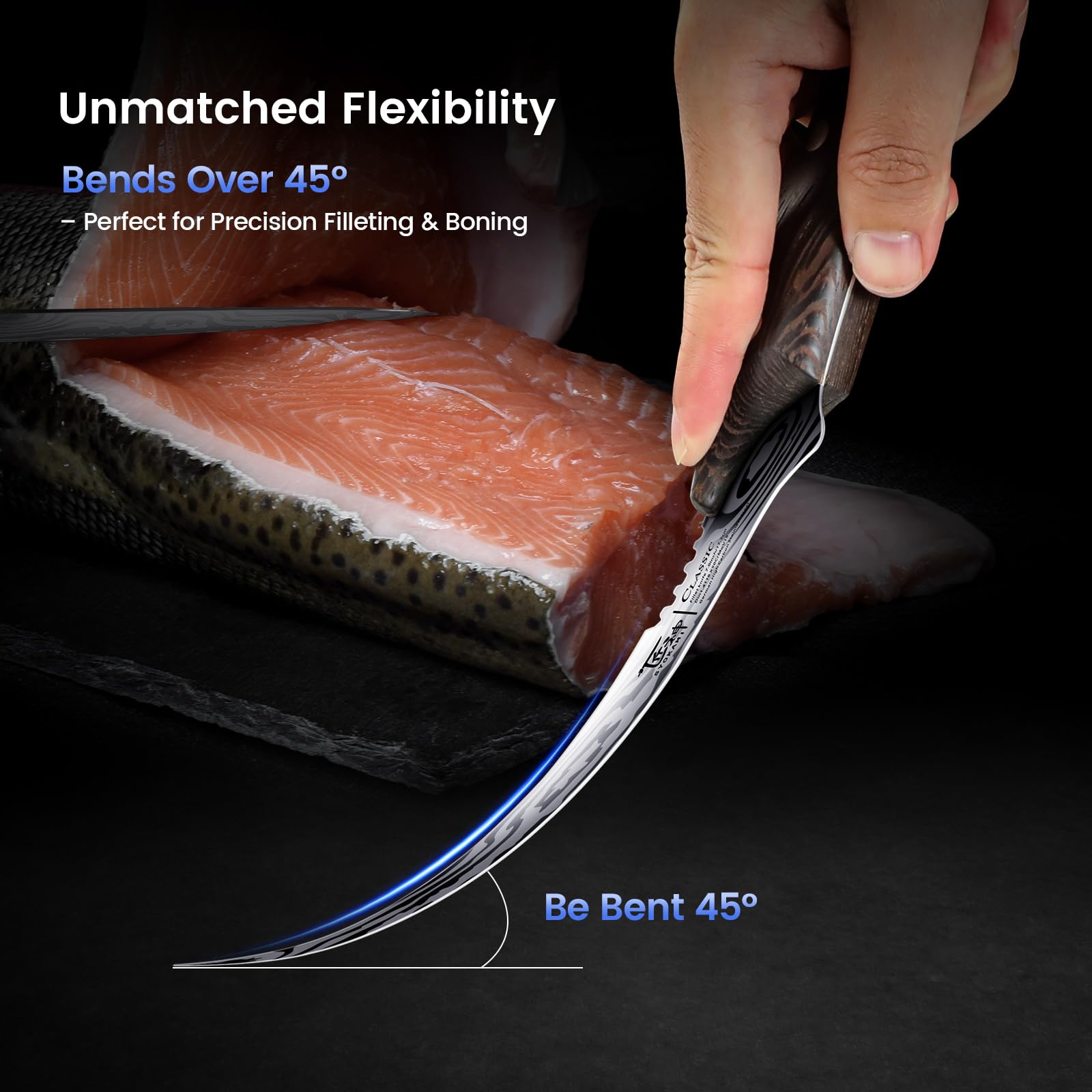 SYOKAMI fillet knife curved finger guard for safer handling.