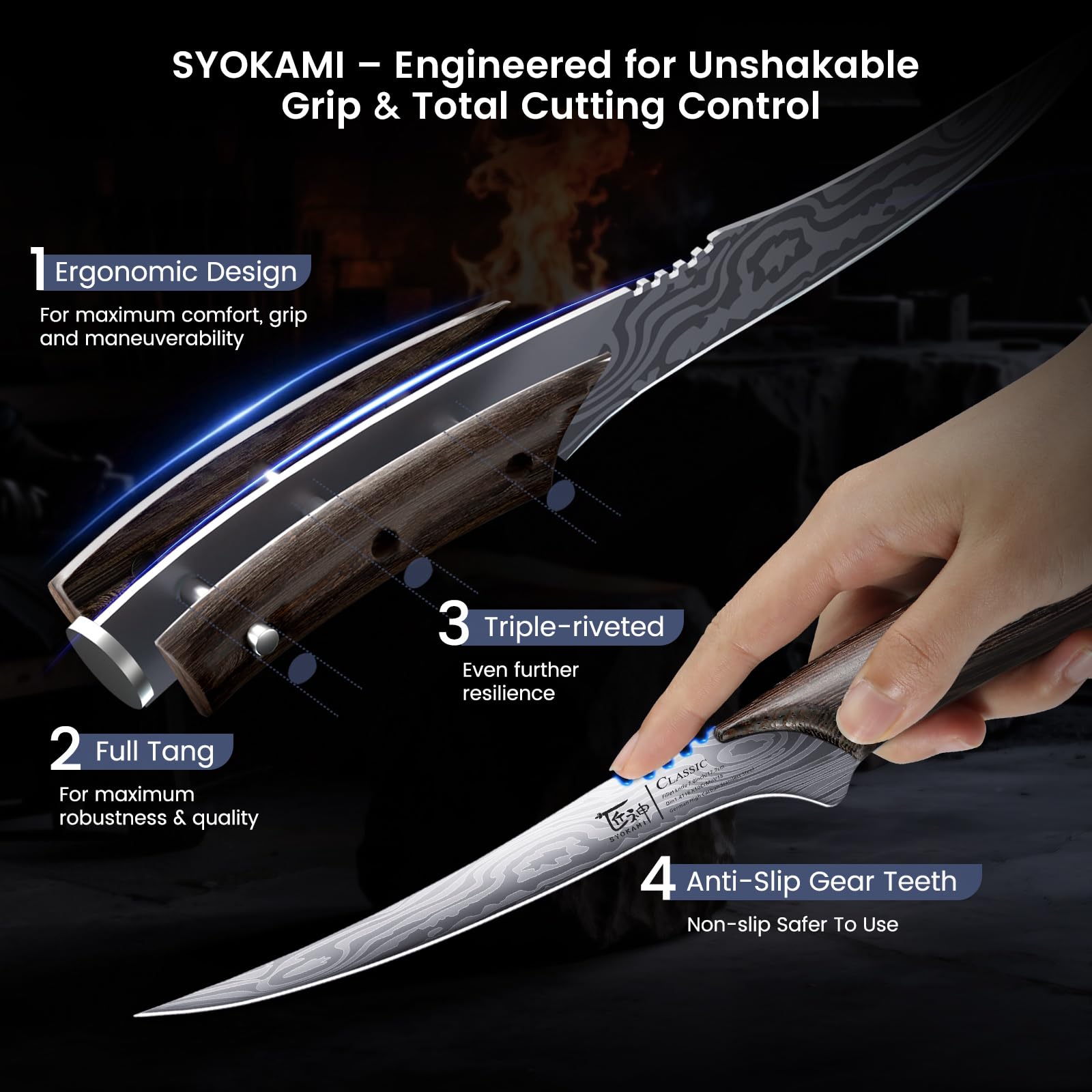 SYOKAMI fillet knife ergonomic handle for fatigue-free use.