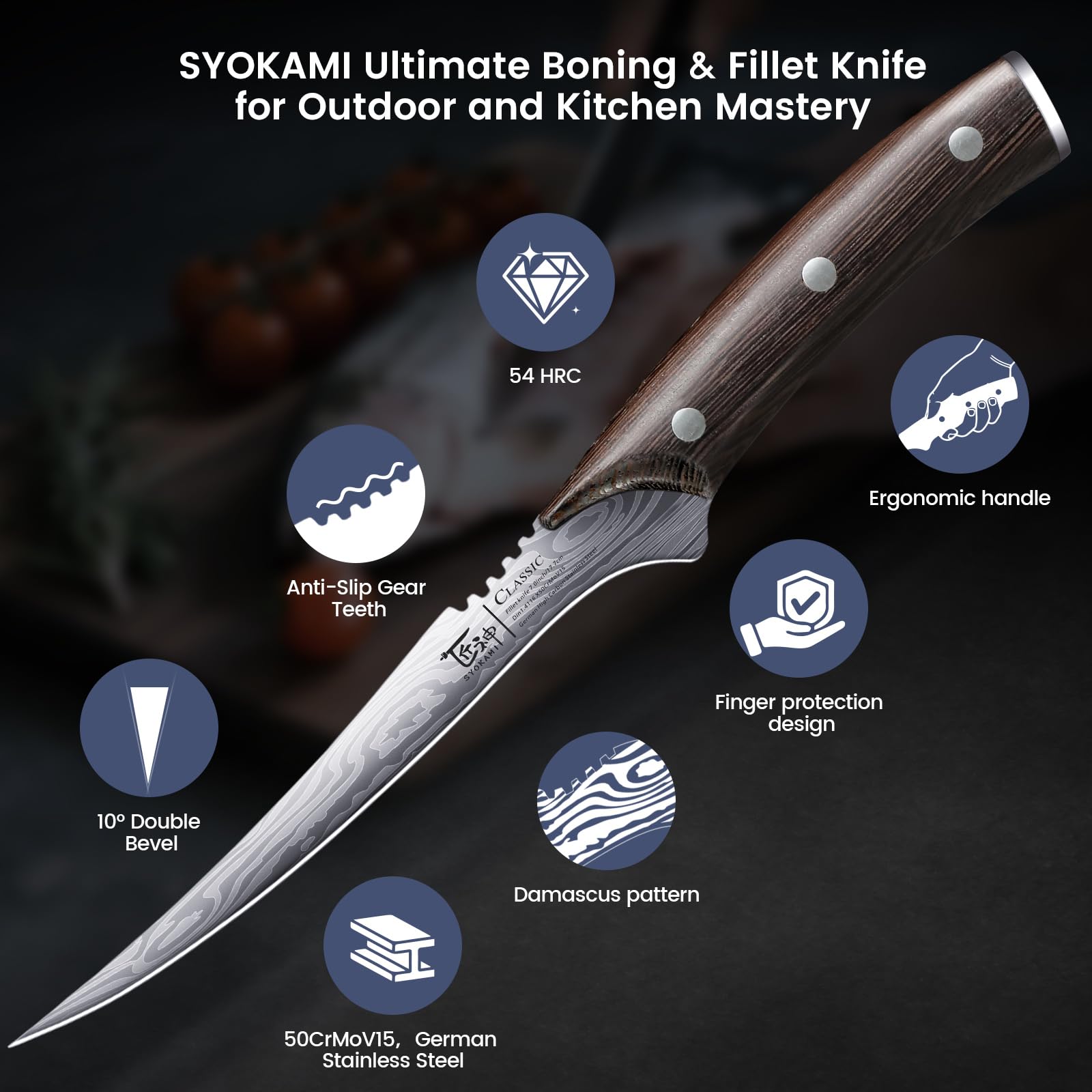 SYOKAMI fillet knife wooden handle detail with FSC-certified wood.