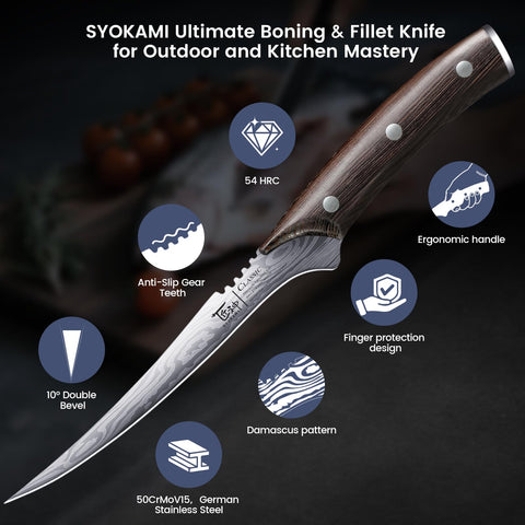 SYOKAMI fillet knife wooden handle detail with FSC-certified wood.