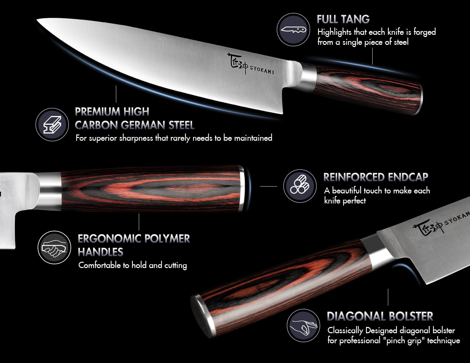 SYOKAMI high-carbon stainless steel blade for rust-resistant, durable performance.