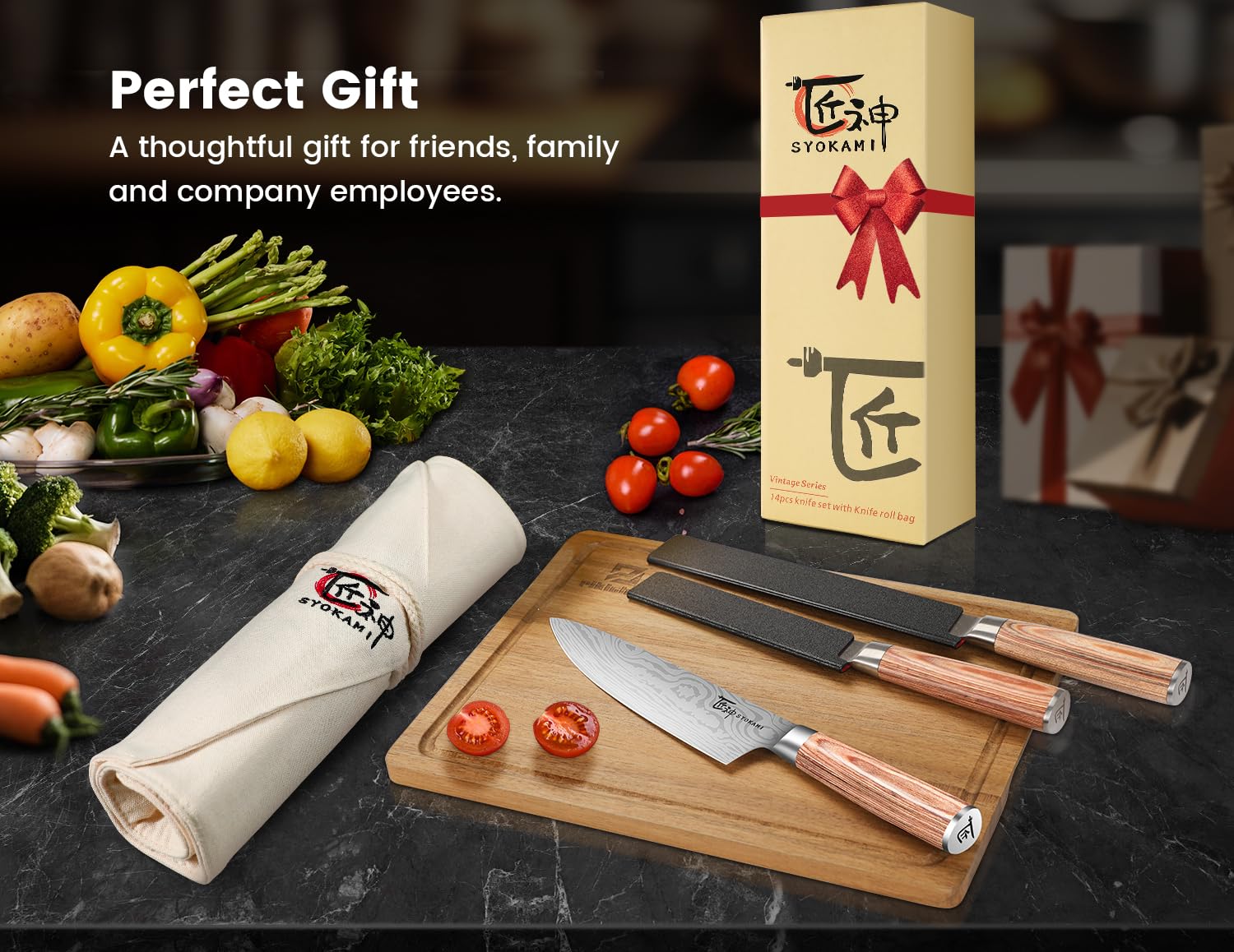 SYOKAMI high-carbon stainless steel blades stay sharp for precise slicing.