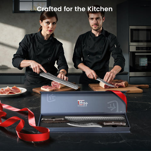 SYOKAMI hollow dimples slicing knife reduces drag for smooth cuts.