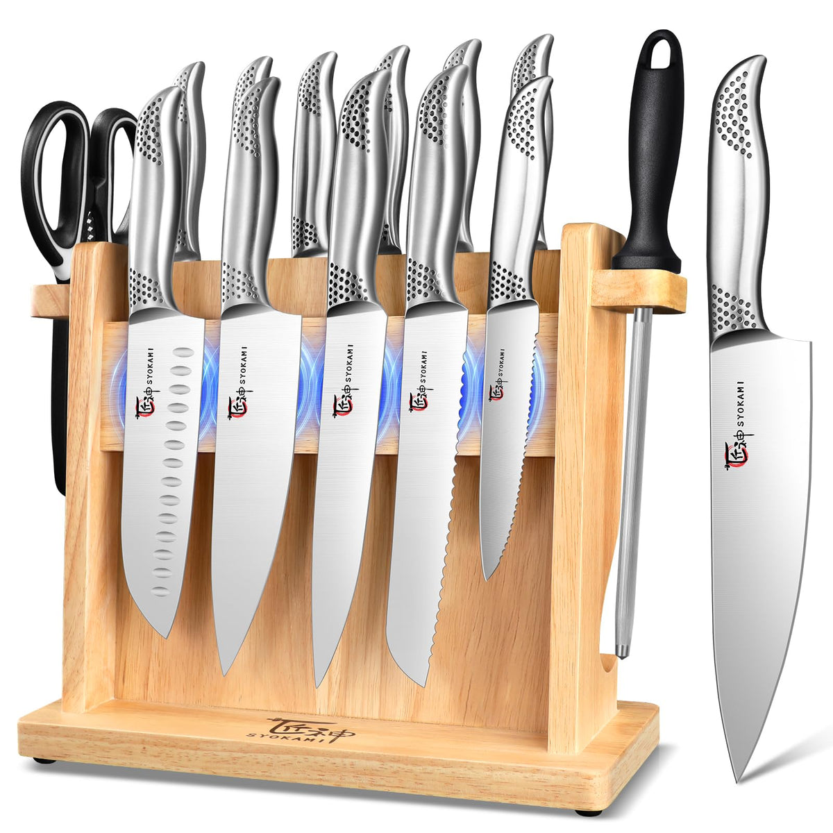 SYOKAMI Japanese knives with magnetic block offer easy access during meal prep.