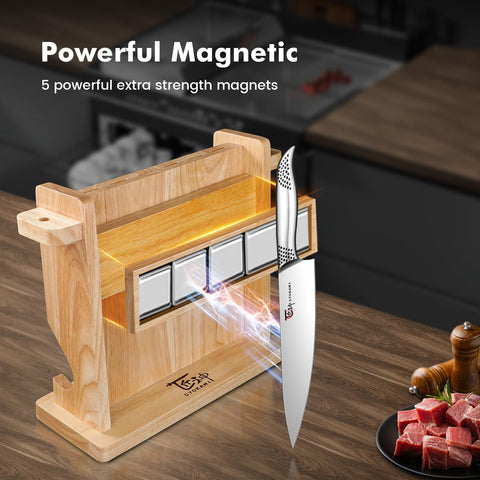 SYOKAMI knives on wood base display highlight premium quality and organization.