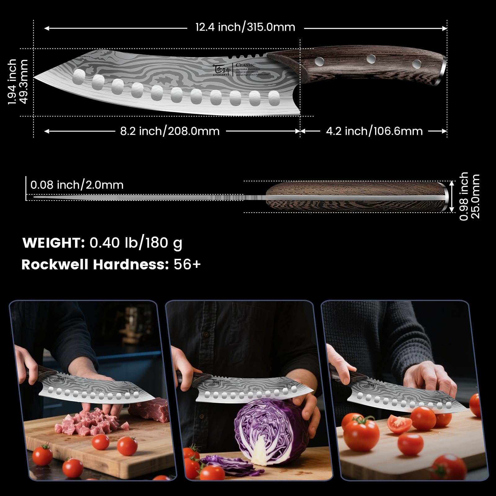 SYOKAMI full tang construction with triple riveted wenge handle for reliable balance.
