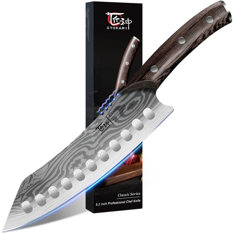 SYOKAMI Kiritsuke knife with damascus pattern blade for precise slicing and aesthetic presentation.