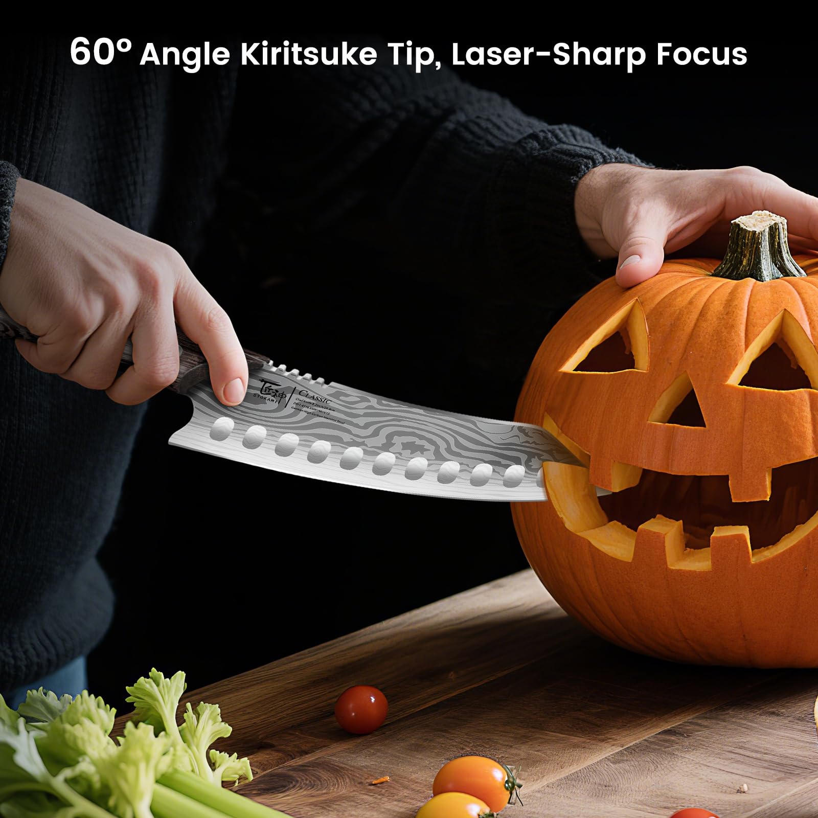 SYOKAMI Kiritsuke knife full tang wood handle delivers balanced control during busy kitchen tasks.